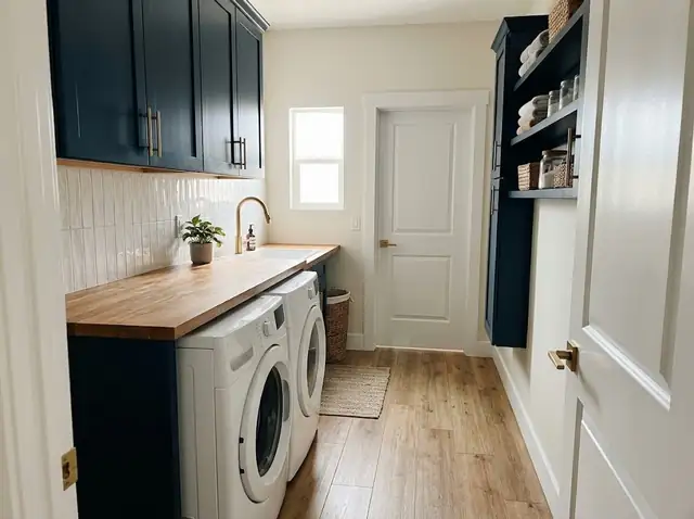 Illustration of a refreshed laundry room with a new wood-look tile floor and a new door
